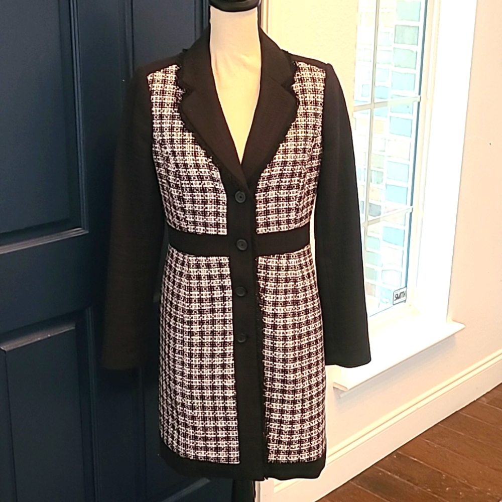 Karl Lagerfeld Paris Long Sleeve Black and White Coat Dress